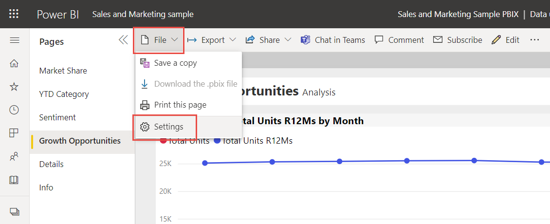 리본의 파일 메뉴와 설정 옵션을 강조 표시하는 Power BI 서비스의 스크린샷.