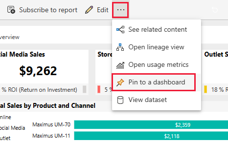 대시보드에 고정 옵션이 강조 표시된 Power BI 보고서 페이지를 보여 주는 스크린샷.