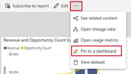 대시보드에 고정 옵션이 강조 표시된 Power BI 보고서 페이지를 보여 주는 스크린샷.