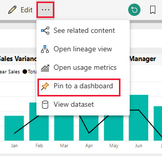 대시보드에 고정 옵션이 강조 표시된 Power BI 보고서 페이지를 보여 주는 스크린샷.