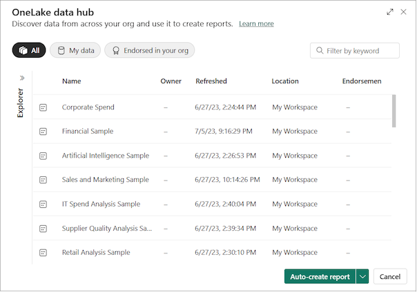 Power BI 서비스의 OneLake 데이터 허브에서 사용 가능한 의미 체계 모델을 보여 주는 스크린샷.