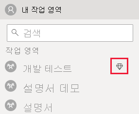 Power BI 서비스의 스크린샷. 작업 영역 목록에서 다이아몬드는 할당된 용량이 있는 작업 영역의 이름 옆에 표시됩니다.