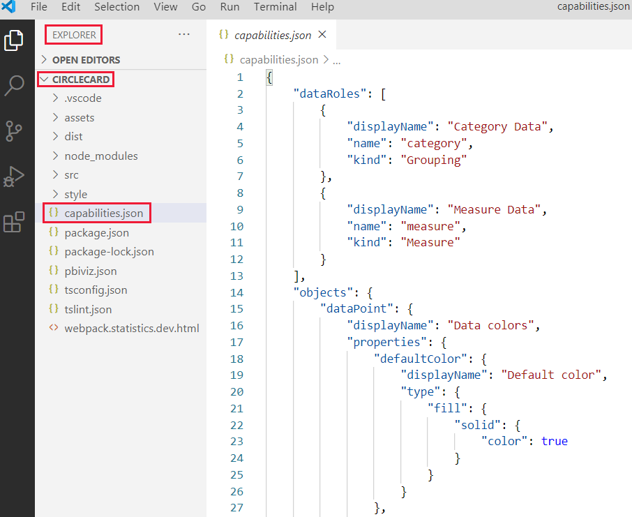 VS 코드에서 capabilities.json 파일에 액세스하는 스크린샷