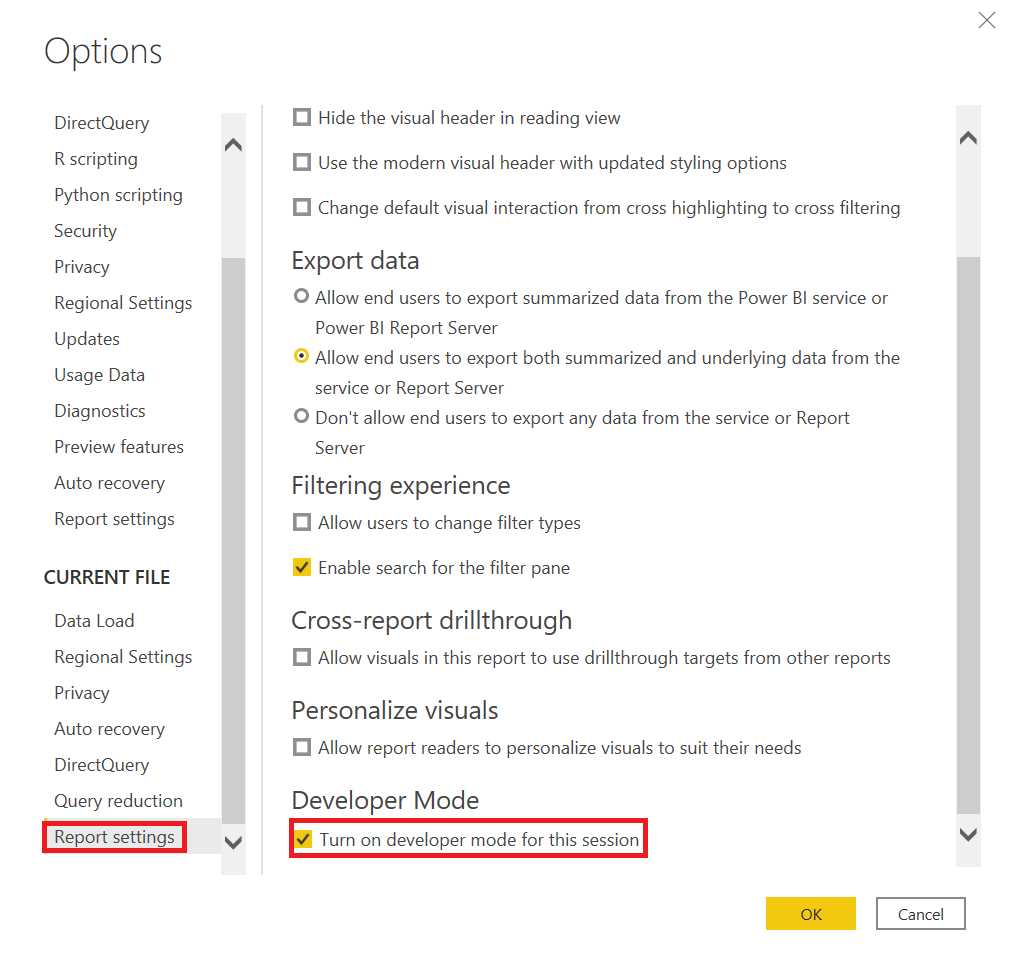 Power BI Desktop의 개발자 모드 스크린샷