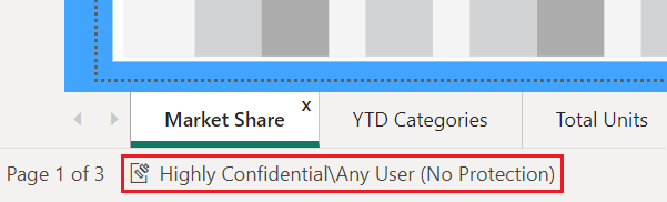 Power BI Desktop 상태 표시줄에 민감도 레이블이 강조 표시된 모습을 보여 주는 스크린샷.