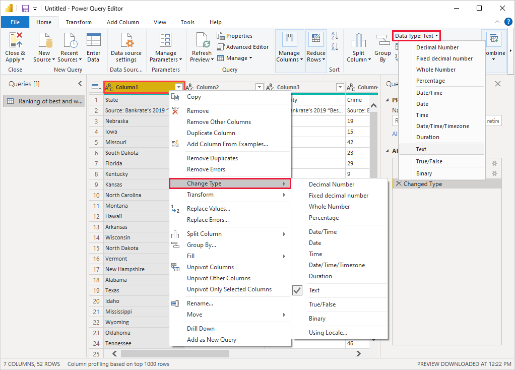 데이터 형식 변경 옵션을 보여 주는 Power BI Desktop의 스크린샷.