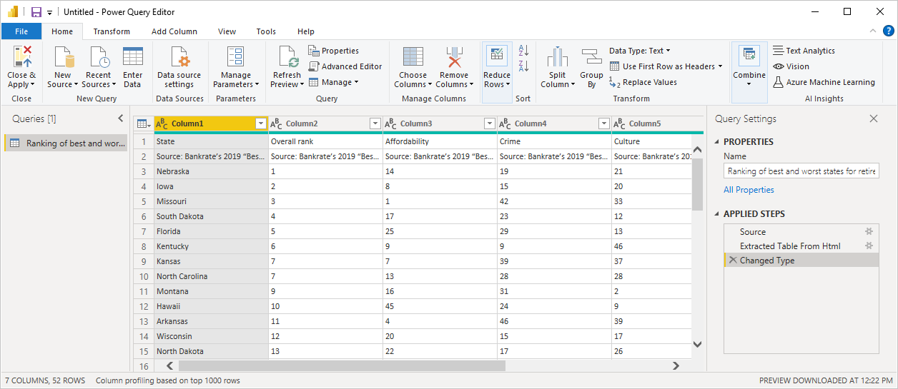 쿼리 설정이 포함된 Power Query 편집기를 보여 주는 Power BI Desktop의 스크린샷.