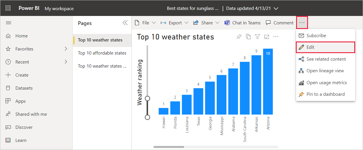 편집 옵션을 보여 주는 Power BI Desktop의 스크린샷