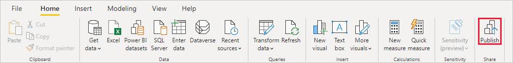 게시 옵션을 보여 주는 Power BI Desktop의 스크린샷.