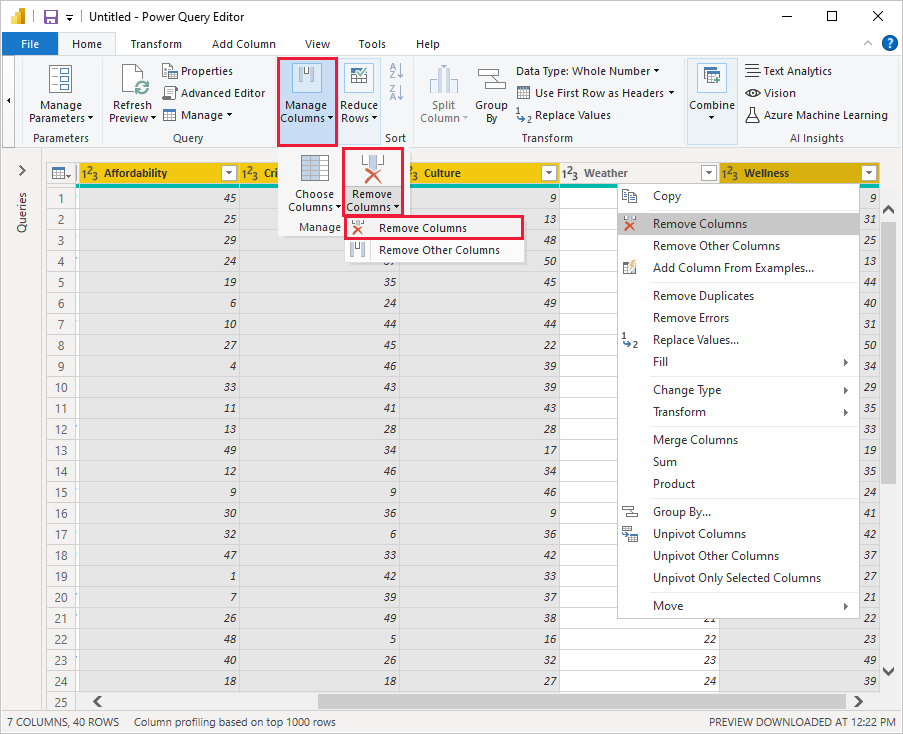 적용된 단계에 추가된 열 제거를 보여 주는 Power BI Desktop의 스크린샷.