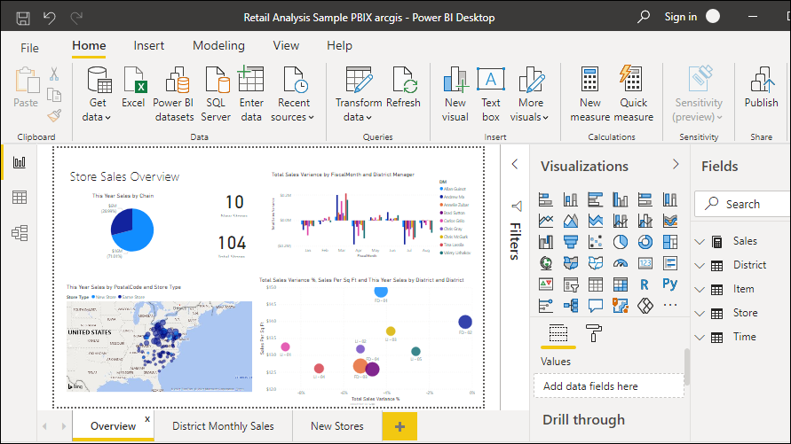 샘플 데이터를 보여 주는 Power BI Desktop의 스크린샷.