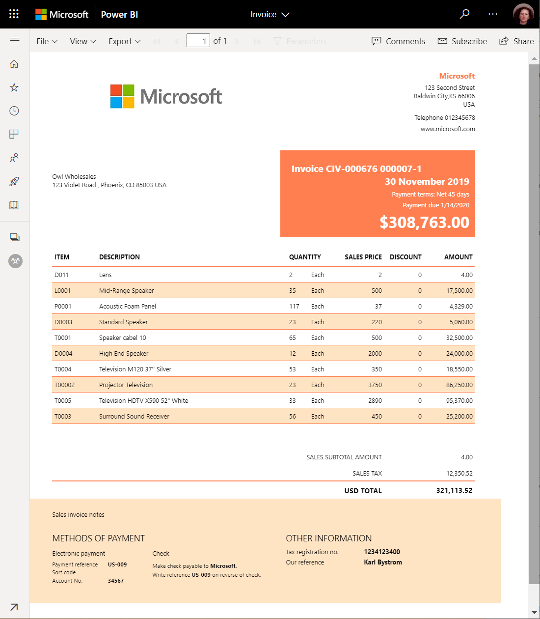 Power BI 서비스의 페이지를 매긴 보고서 스크린샷