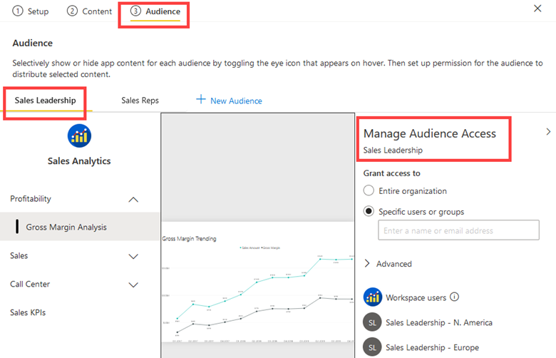 Power BI 서비스 앱 대상 그룹 설정 스크린샷.