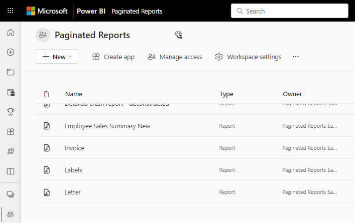 Power BI 서비스의 페이지를 매긴 보고서를 보여 주는 스크린샷.