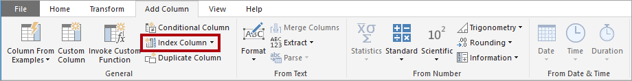 파워 쿼리 편집기에서 인덱스 열 만들기 명령을 보여 주는 이미지