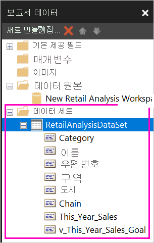 보고서 데이터 창의 데이터 세트 아래에 나열된 필드의 스크린샷.