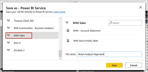 Power BI 서비스 다른 이름으로 저장을 보여 주는 스크린샷.