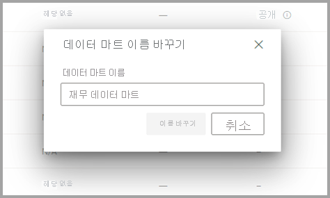 작업 영역에서 데이터마트의 이름을 바꾸는 스크린샷