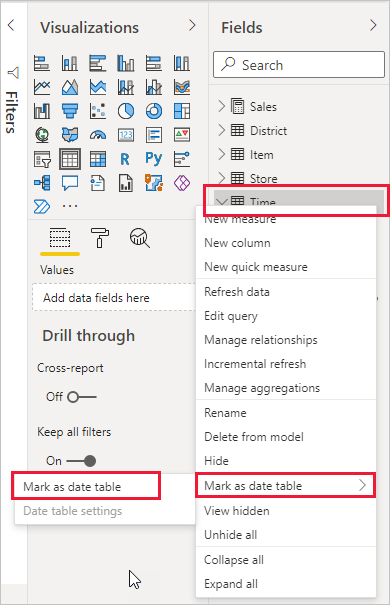 필드 창의 날짜 테이블로 표시 필터 옵션을 보여 주는 Power BI Desktop의 스크린샷.