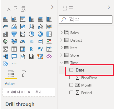 필드 창의 날짜 필터를 보여 주는 Power BI Desktop의 스크린샷.