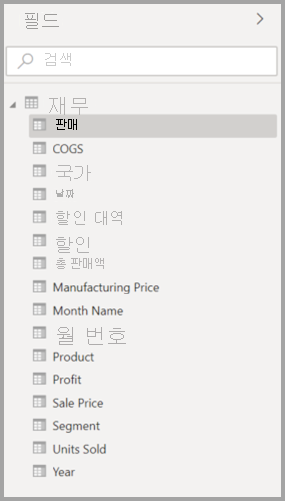 Power BI Desktop의 원래 모델 보기 필드 목록 스크린샷