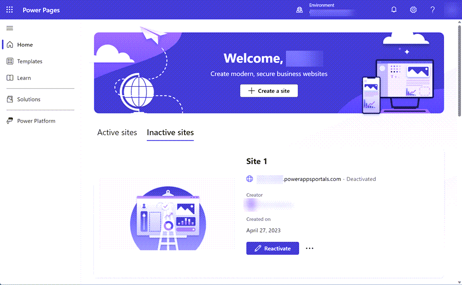 Power Pages 홈 페이지의 비활성 사이트 섹션에 있는 재활성화 버튼을 보여주는 스크린샷.