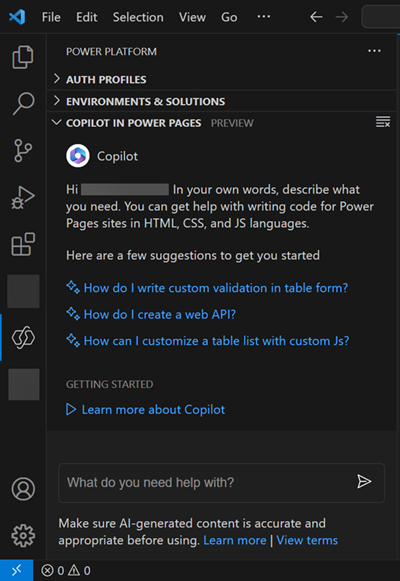 Power Pages에서 Copilot을 사용하는 Visual Studio Code.