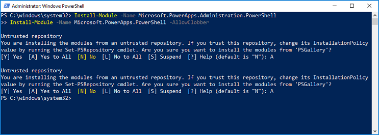 PowerShell에서 InstallationPolicy 값을 수락할 위치를 보여주는 스크린샷.