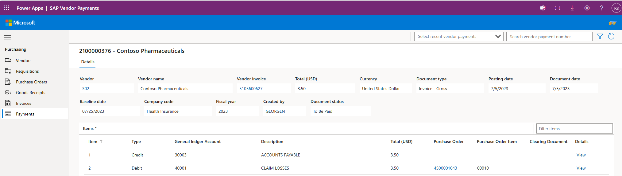  MicrosoftSAP 조달 결제 앱의 이미지입니다 Power Platform.