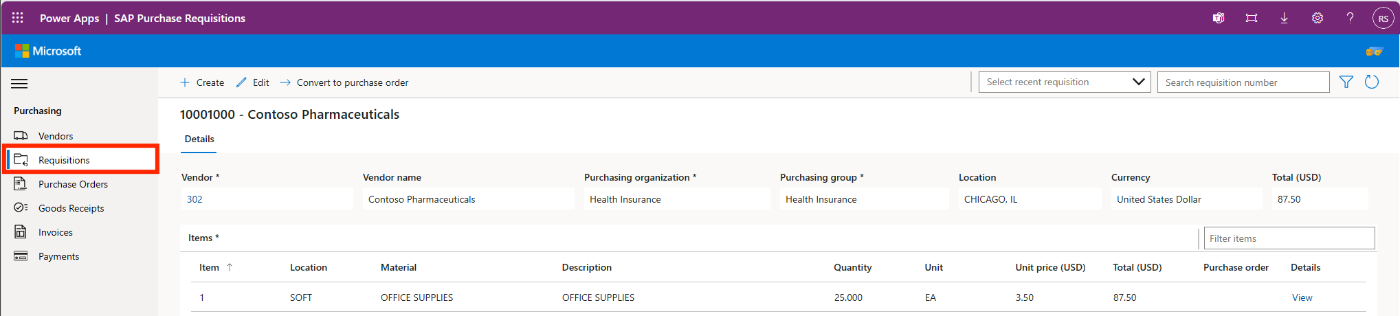  MicrosoftSAP 구매 요청 앱의 이미지입니다 Power Platform.