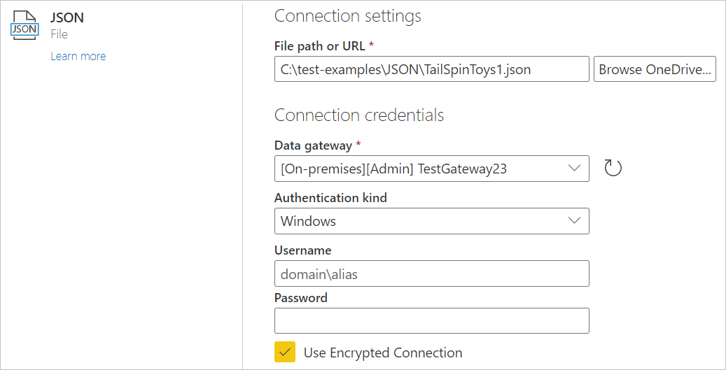 파일 경로, 데이터 게이트웨이 및 Windows 인증 종류가 표시된 온라인 서비스의 JSON 연결 설정 대화 상자 이미지