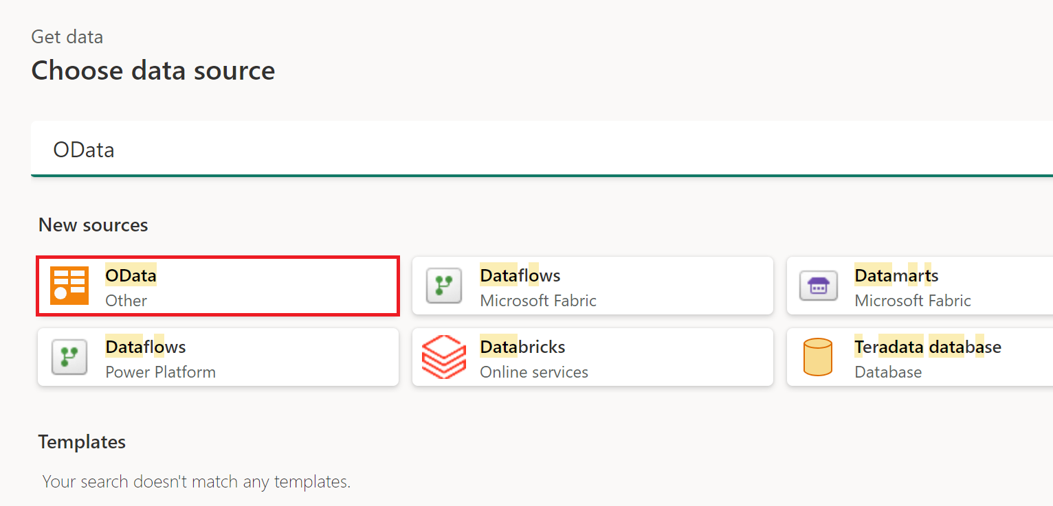 OData가 강조 표시된 데이터 가져오기 창의 스크린샷