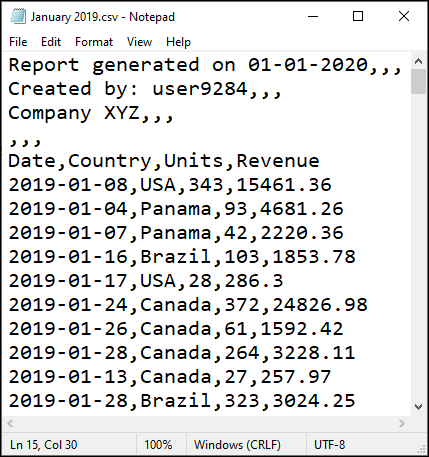 헤더 섹션과 나머지 데이터를 모두 쉼표로 구분하여 보여 주는 2019년 1월의 샘플 CSV 파일입니다.