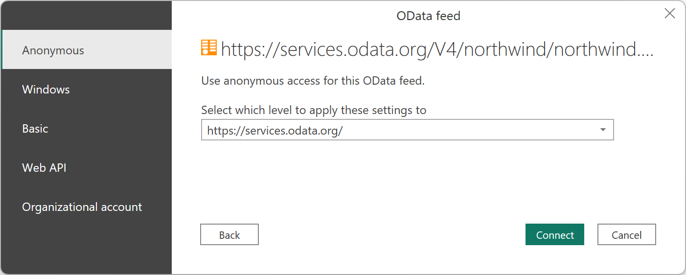 파워 쿼리 데스크톱의 OData 피드에 대한 인증 대화 상자 스크린샷