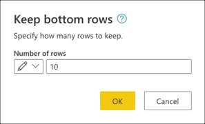 테이블의 아래쪽 10개 행만 유지하려면 입력 값으로 입력된 값이 10인 아래쪽 행 대화 상자를 유지합니다.