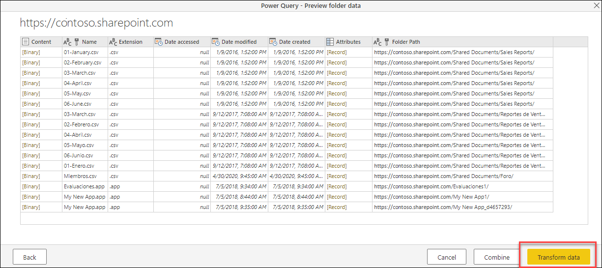 SharePoint 사이트에 있는 파일을 보여 주는 SharePoint 폴더 커넥터를 사용하여 SharePoint 사이트에 연결한 후 테이블 미리 보기입니다.