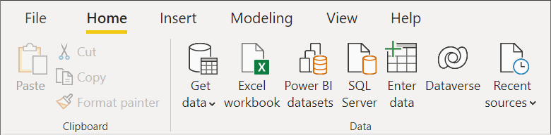 Power BI Desktop의 홈 리본에 있는 데이터 필드 스크린샷