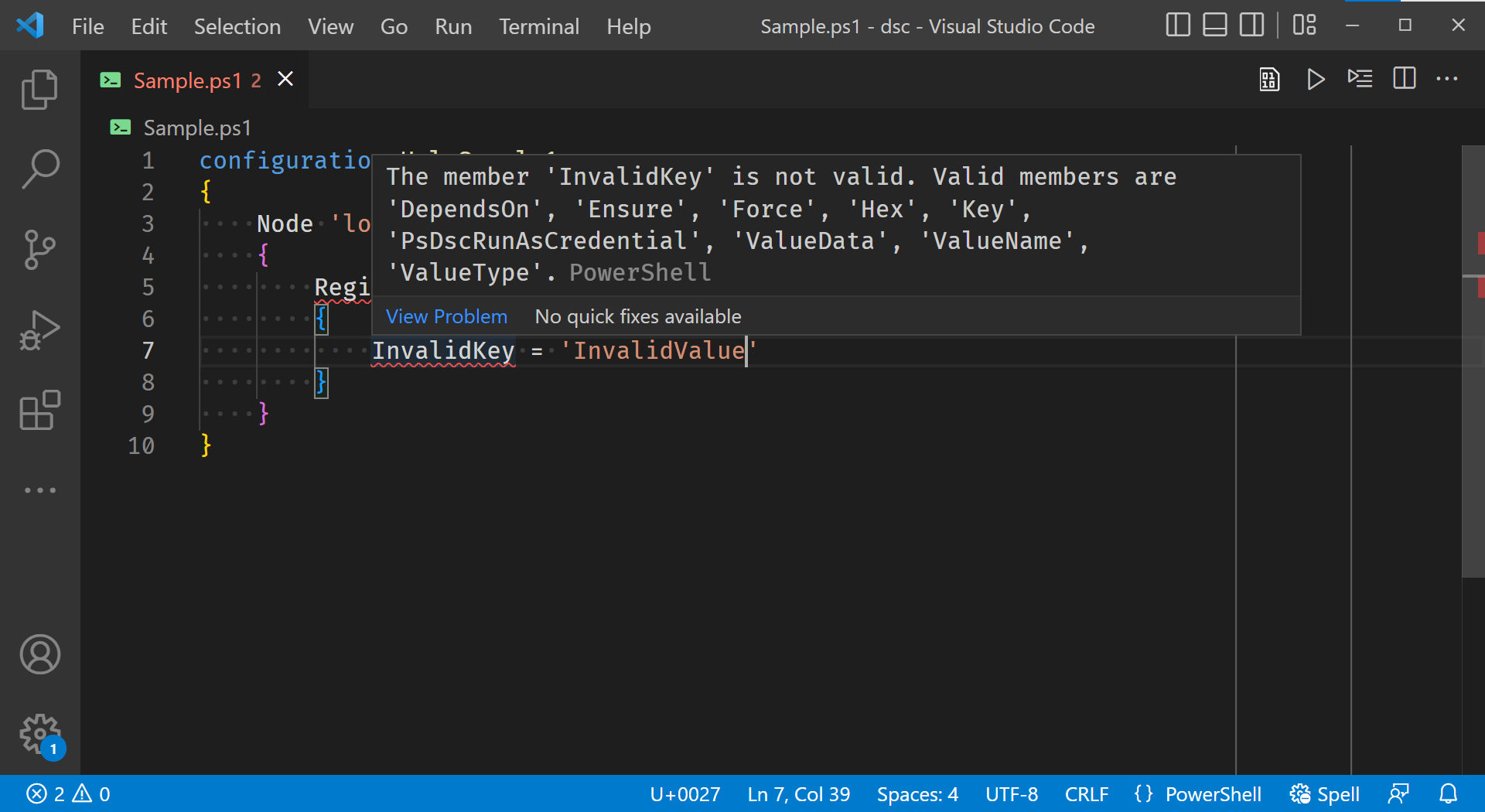 DSC 리소스에 대한 VS Code의 IntelliSense