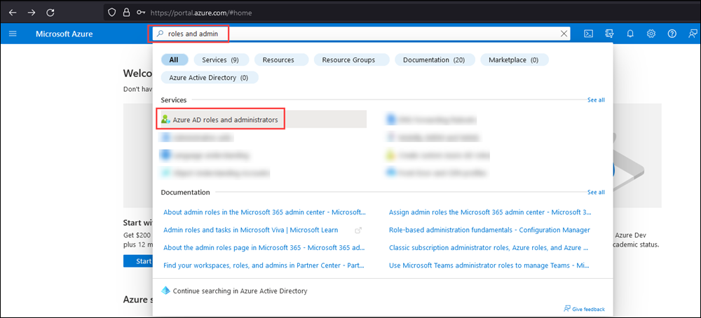 Azure Portal 홈페이지의 검색 결과에서 Microsoft Entra 역할 및 관리자를 보여 주는 스크린샷