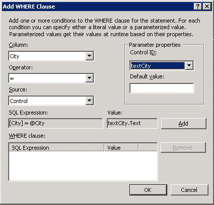 Add Where clause dialog box