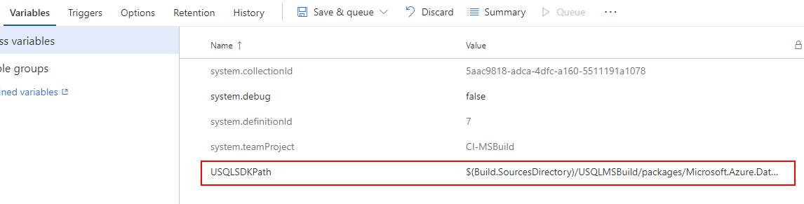 U-SQL 데이터베이스 프로젝트에 대한 CI/CD MSBuild 변수 정의