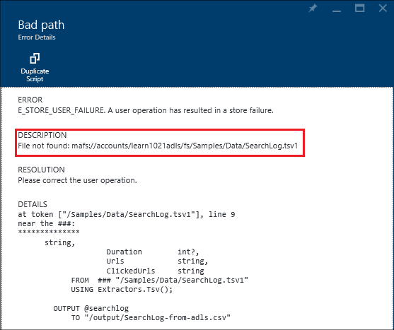 Azure 데이터 레이크 분석 실패 작업 세부 정보