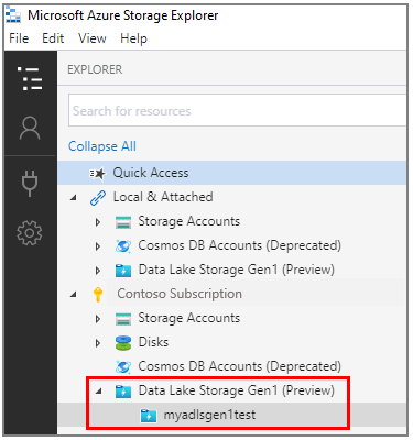 Data Lake Storage Gen1 노드의 예제 계정을 보여주는 스크린샷