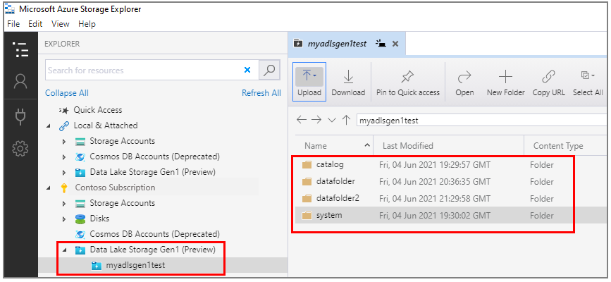 선택된 Data Lake Storage Gen1 계정과 계정의 폴더 목록이 있는 기본 창이 표시됩니다.