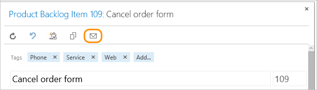 Screenshot of work item form, context menu, Email work items option, TFS 2015 and earlier versions.