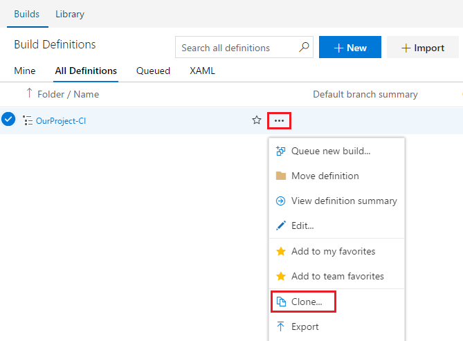 Clone a build definition in TFS 2018.