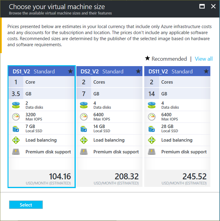 선택할 수 있는 Azure VM 크기를 보여 주는 크기 블레이드의 스크린샷