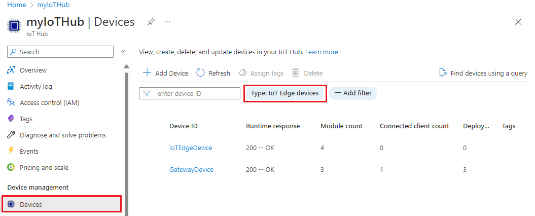 Azure Portal에서 디바이스를 보는 방법의 스크린샷, IoT Hub.