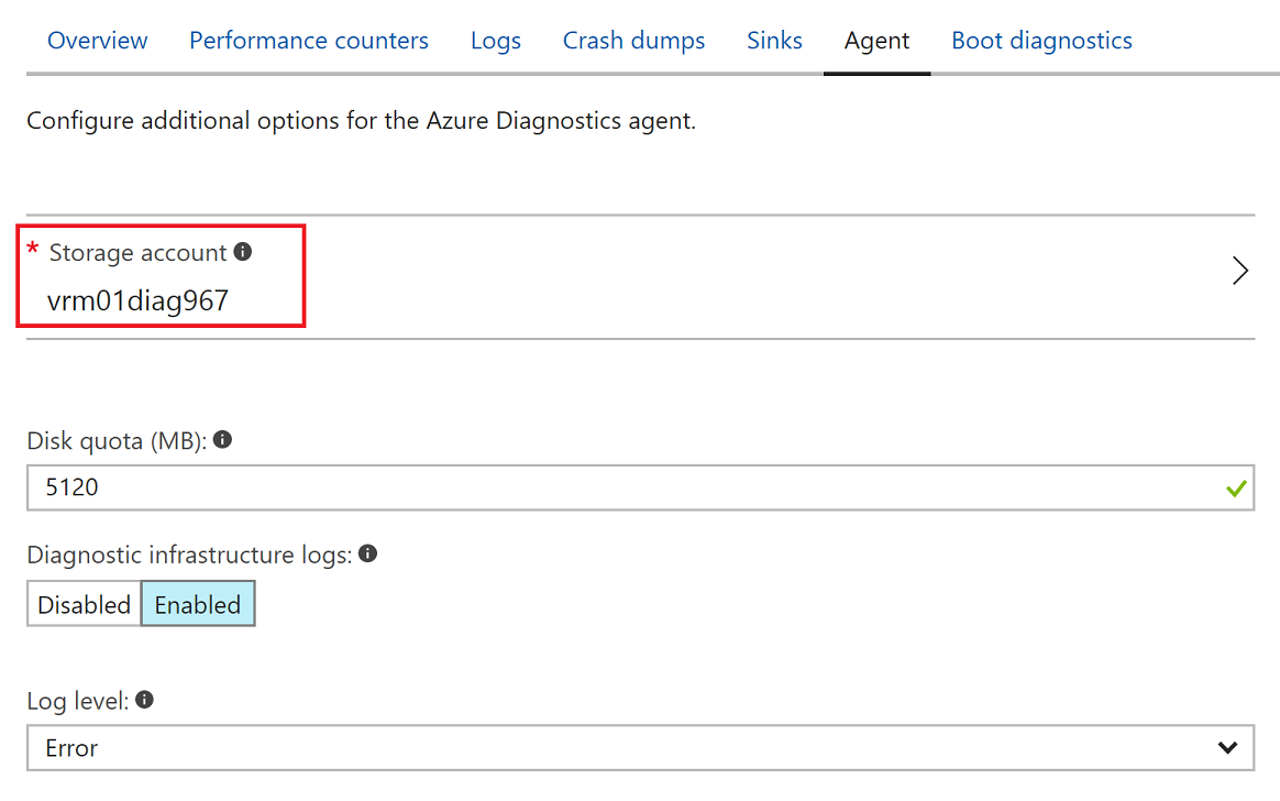 Azure Diagnostics 설정 창 스크린샷