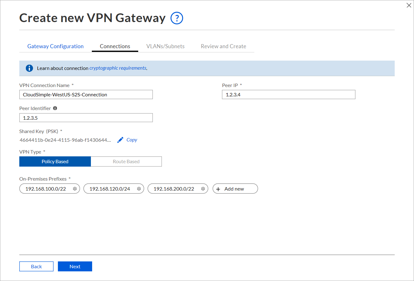 사이트 간 VPN 게이트웨이 연결 만들기